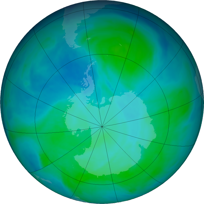 Antarctic ozone map for 14 January 2016